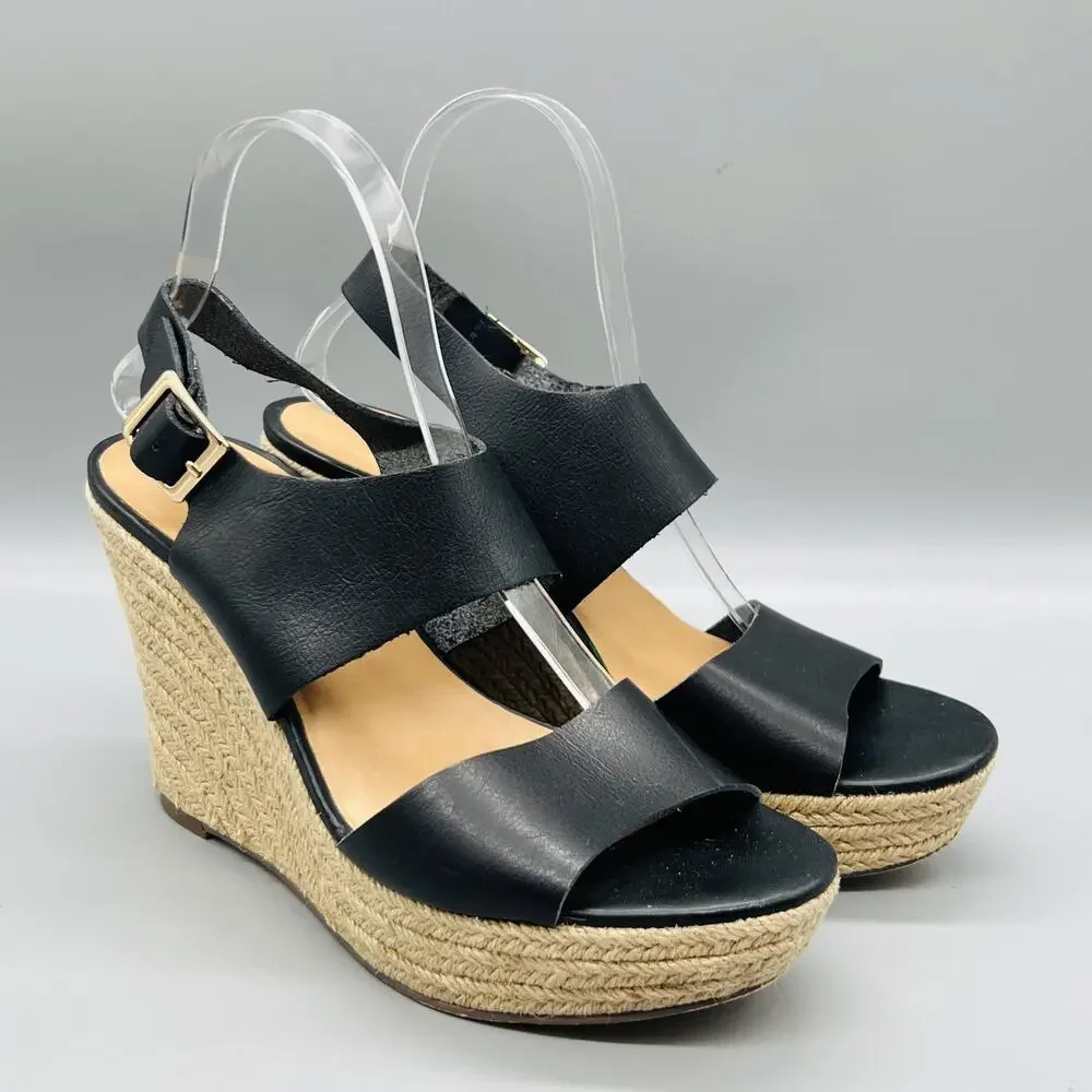 J Crew Sandals Women 8.5 Black Vegan Leather Espadrille Wedge Slingback Shoes